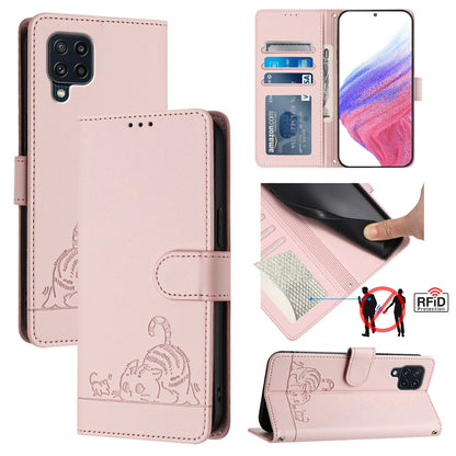 Samsung Galaxy M32 4G Global Leather Phone Case with Cat and Rat Embossed Pattern, RFID Protection, Card Holder Slots, Anti-fall Feature & Lanyard