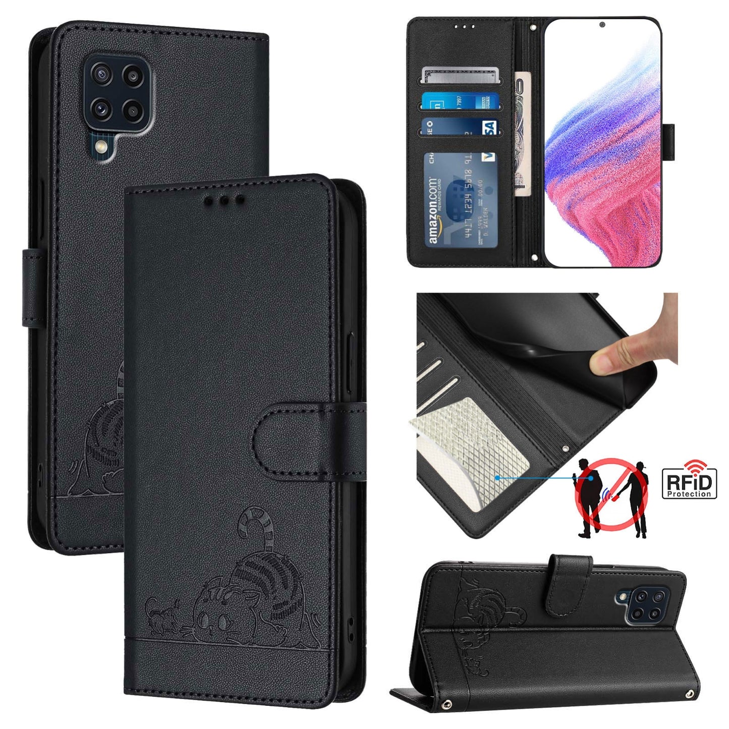Samsung Galaxy M32 4G Global Leather Phone Case with Cat and Rat Embossed Pattern, RFID Protection, Card Holder Slots, Anti-fall Feature & Lanyard