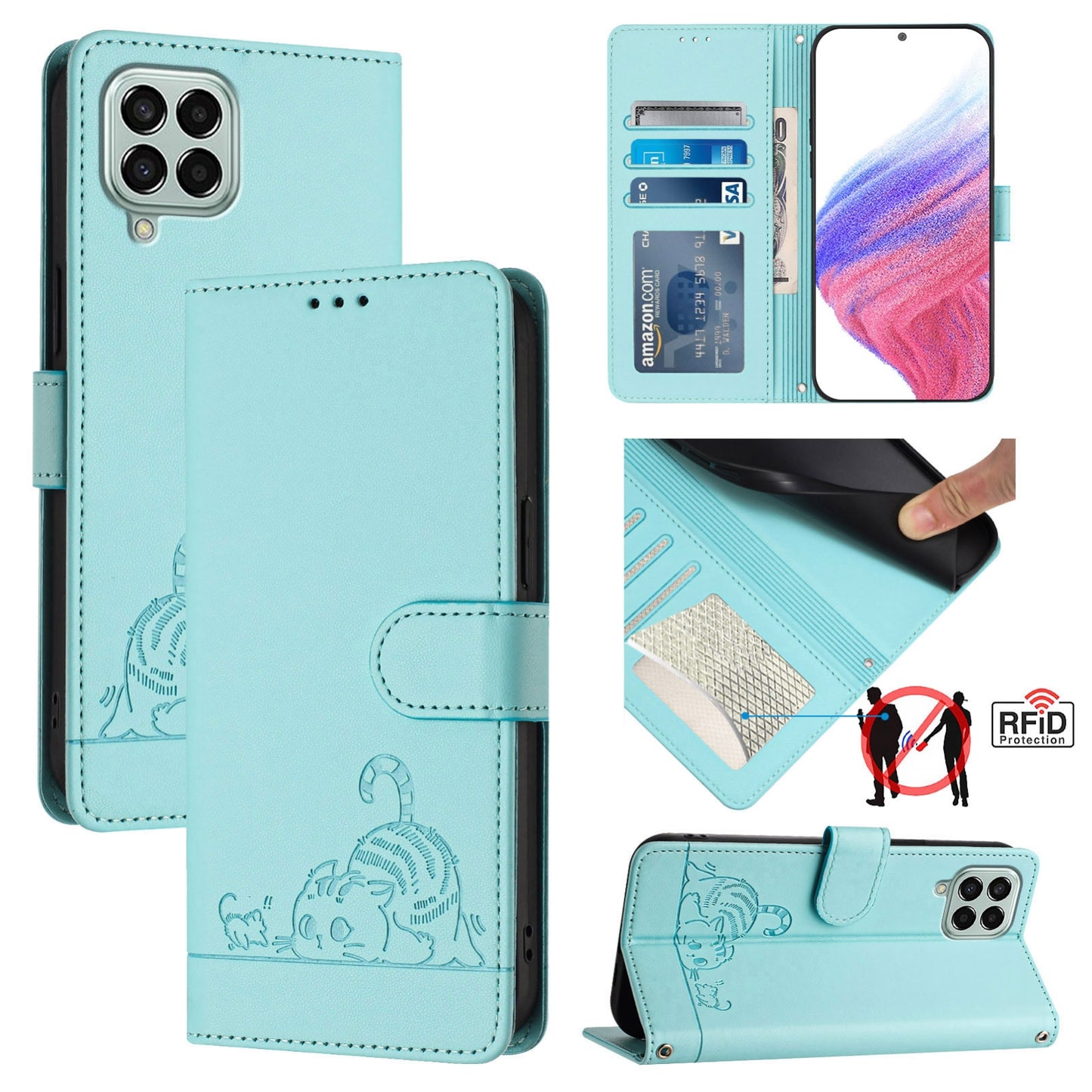 Samsung Galaxy M33 5G Global Leather Phone Case with Cat and Rat Embossed Pattern, RFID Protection, Card Holder Slots, Anti-fall Feature & Lanyard