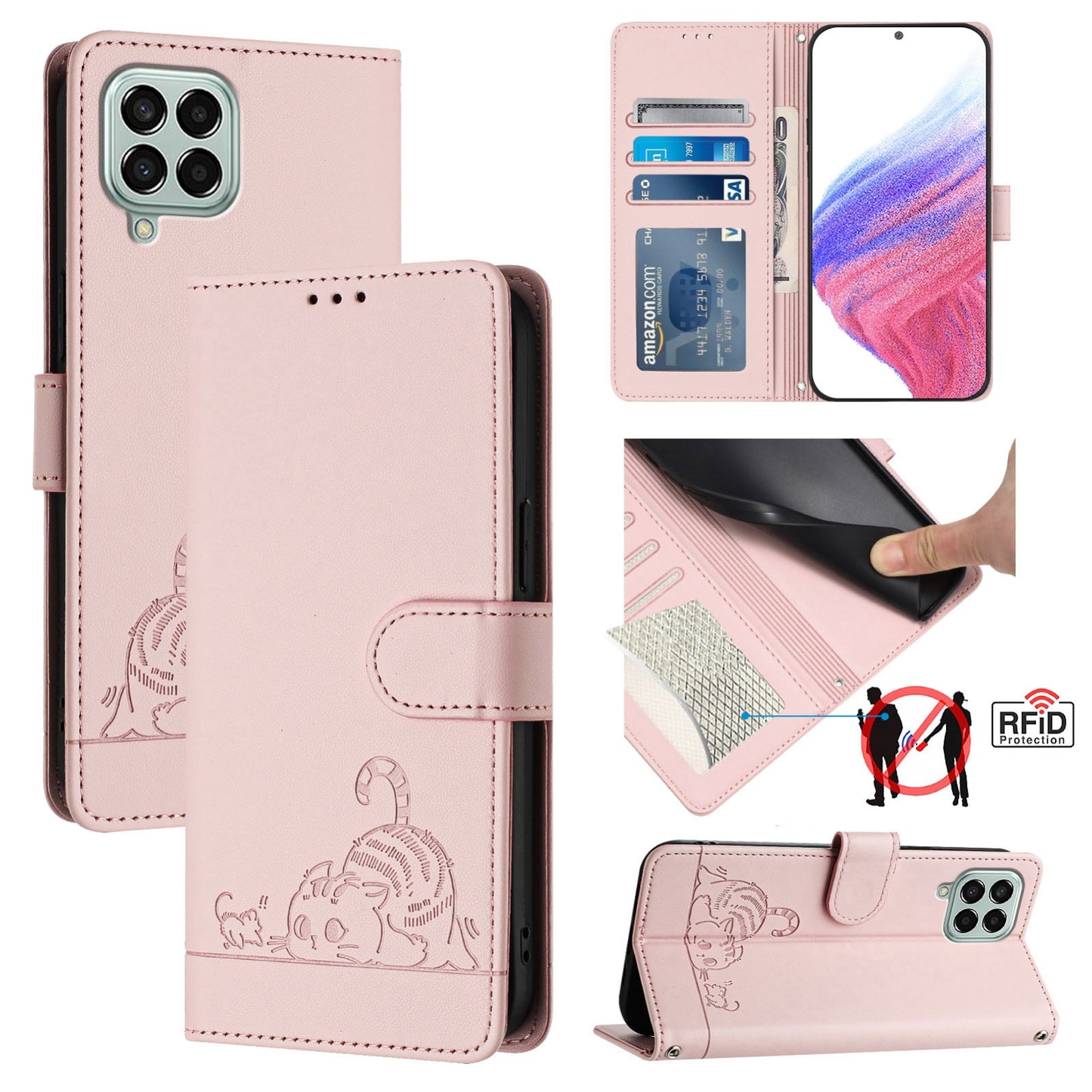 Samsung Galaxy M33 5G Global Leather Phone Case with Cat and Rat Embossed Pattern, RFID Protection, Card Holder Slots, Anti-fall Feature & Lanyard
