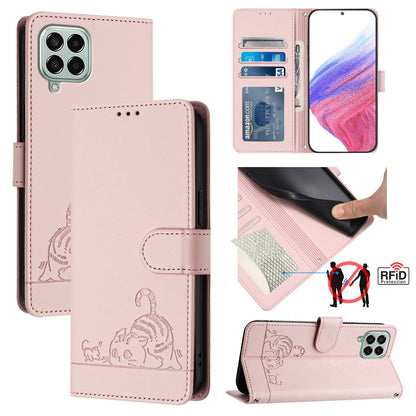 Samsung Galaxy M33 5G Global Leather Phone Case with Cat and Rat Embossed Pattern, RFID Protection, Card Holder Slots, Anti-fall Feature & Lanyard
