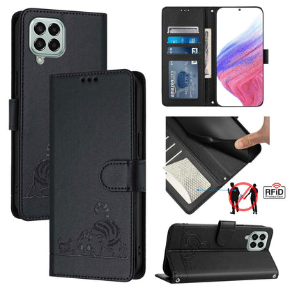 Samsung Galaxy M33 5G Global Leather Phone Case with Cat and Rat Embossed Pattern, RFID Protection, Card Holder Slots, Anti-fall Feature & Lanyard