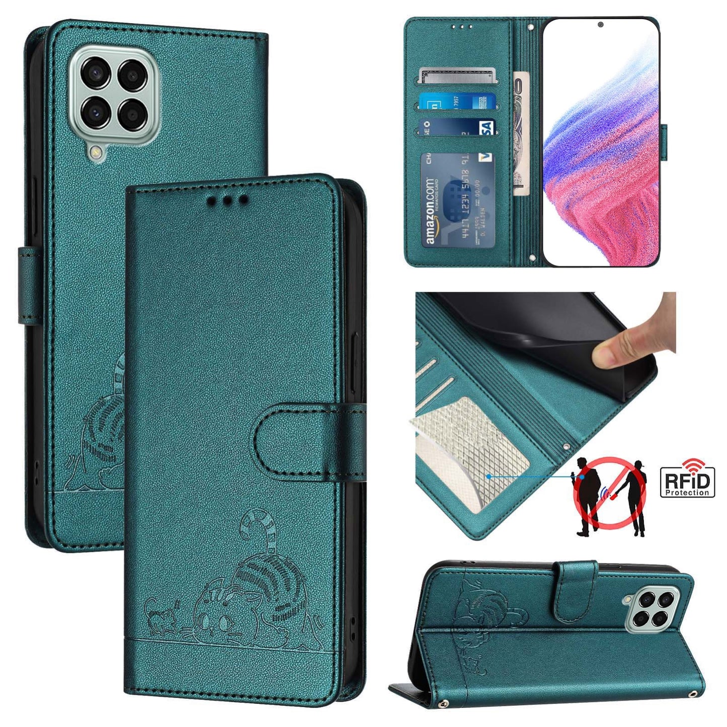Samsung Galaxy M33 5G Global Leather Phone Case with Cat and Rat Embossed Pattern, RFID Protection, Card Holder Slots, Anti-fall Feature & Lanyard