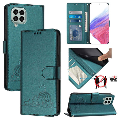 Samsung Galaxy M33 5G Global Leather Phone Case with Cat and Rat Embossed Pattern, RFID Protection, Card Holder Slots, Anti-fall Feature & Lanyard