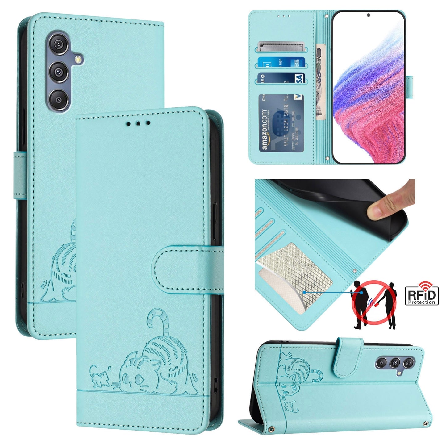 Samsung Galaxy F34 5G Leather Phone Case with Cat and Rat Embossed Pattern, RFID Protection, Card Holder Slots, Anti-fall Feature & Lanyard