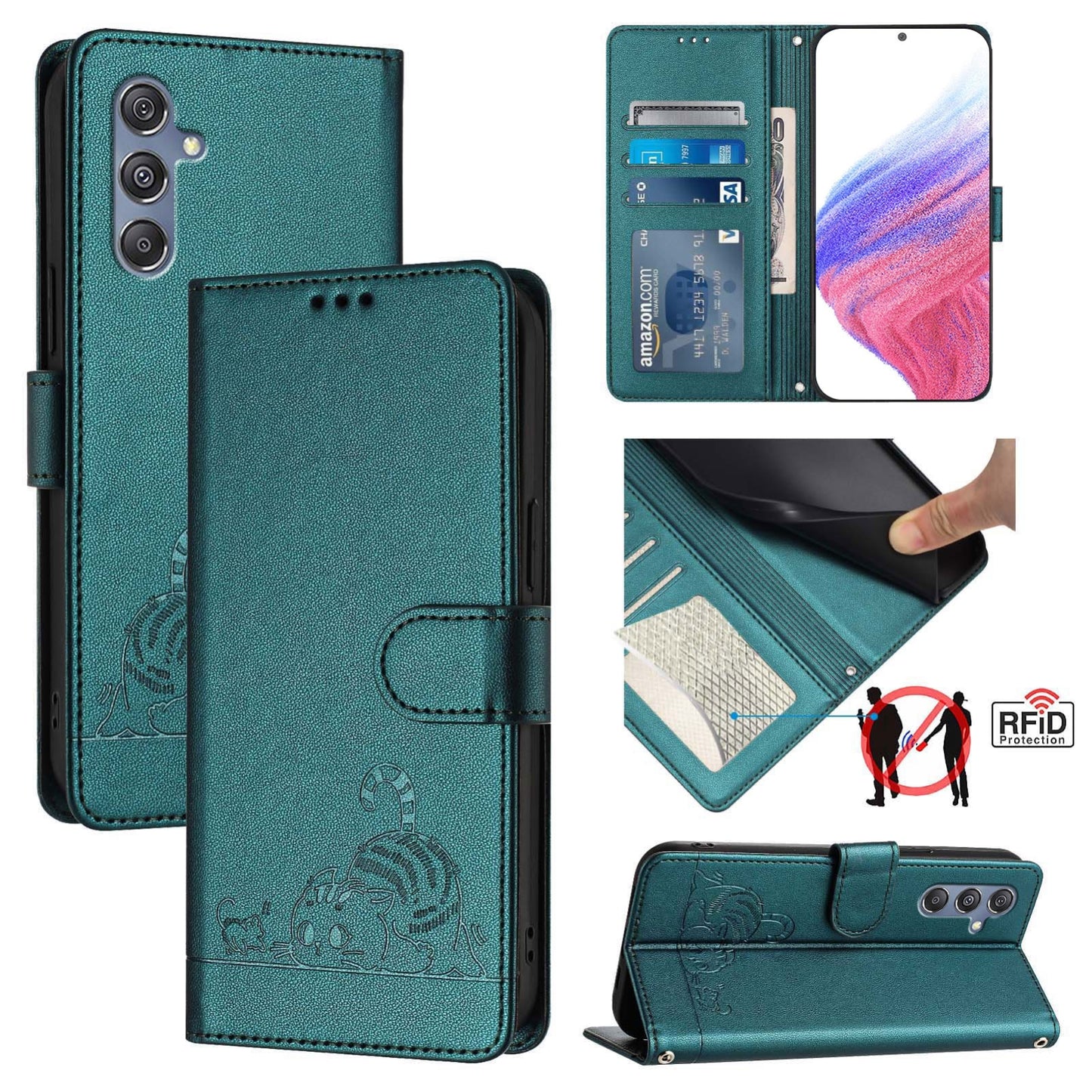 Samsung Galaxy M34 5G Leather Phone Case with Cat and Rat Embossed Pattern, RFID Protection, Card Holder Slots, Anti-fall Feature & Lanyard