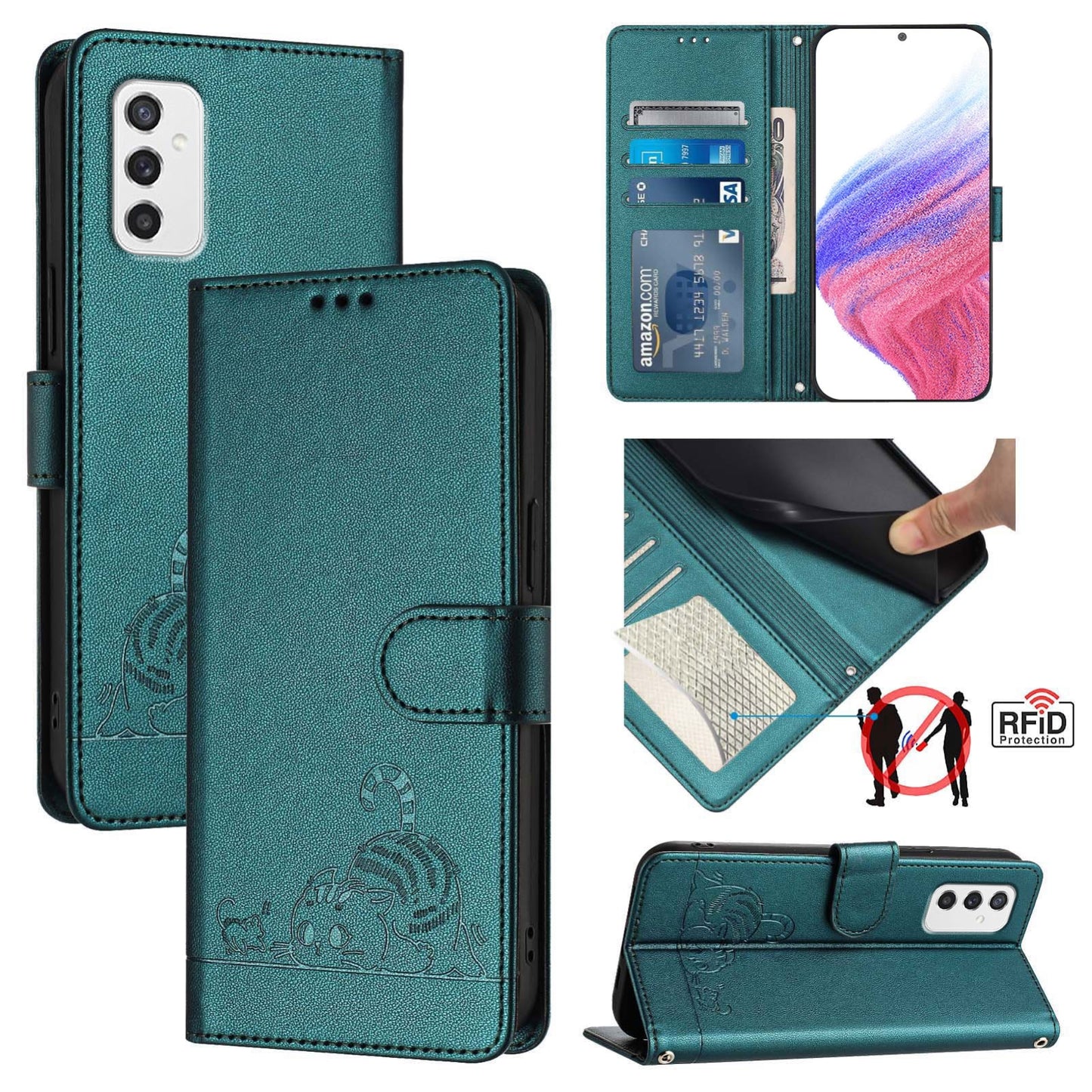 Samsung Galaxy M52 5G Leather Phone Case with Cat and Rat Embossed Pattern, RFID Protection, Card Holder Slots, Anti-fall Feature & Lanyard
