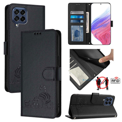 Samsung Galaxy M53 5G Leather Phone Case with Cat and Rat Embossed Pattern, RFID Protection, Card Holder Slots, Anti-fall Feature & Lanyard