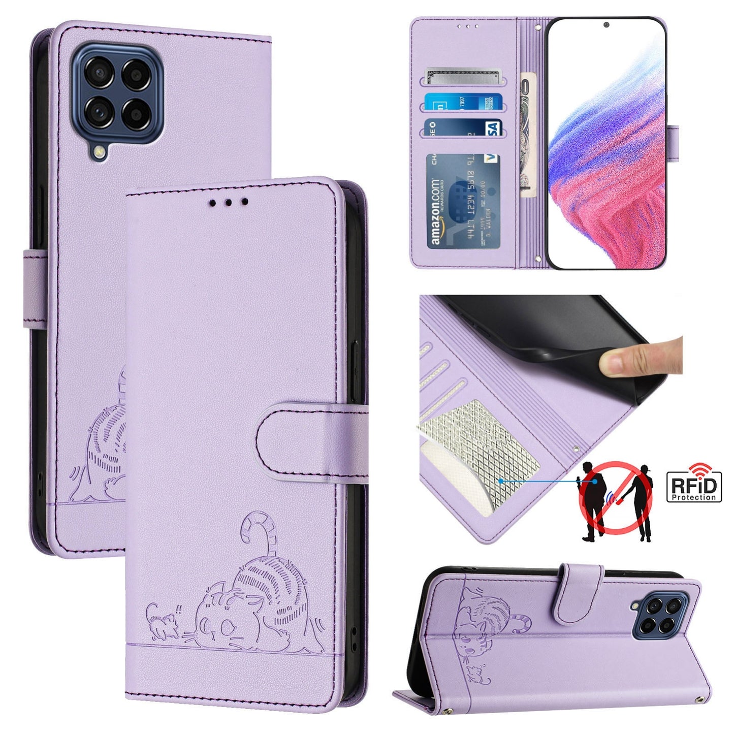 Samsung Galaxy M53 5G Leather Phone Case with Cat and Rat Embossed Pattern, RFID Protection, Card Holder Slots, Anti-fall Feature & Lanyard