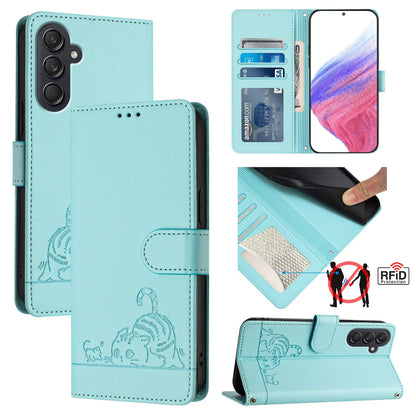 Samsung Galaxy M55 Leather Phone Case with Cat and Rat Embossed Pattern, RFID Protection, Card Holder Slots, Anti-fall Feature & Lanyard