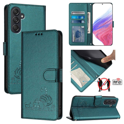 Samsung Galaxy M55 Leather Phone Case with Cat and Rat Embossed Pattern, RFID Protection, Card Holder Slots, Anti-fall Feature & Lanyard