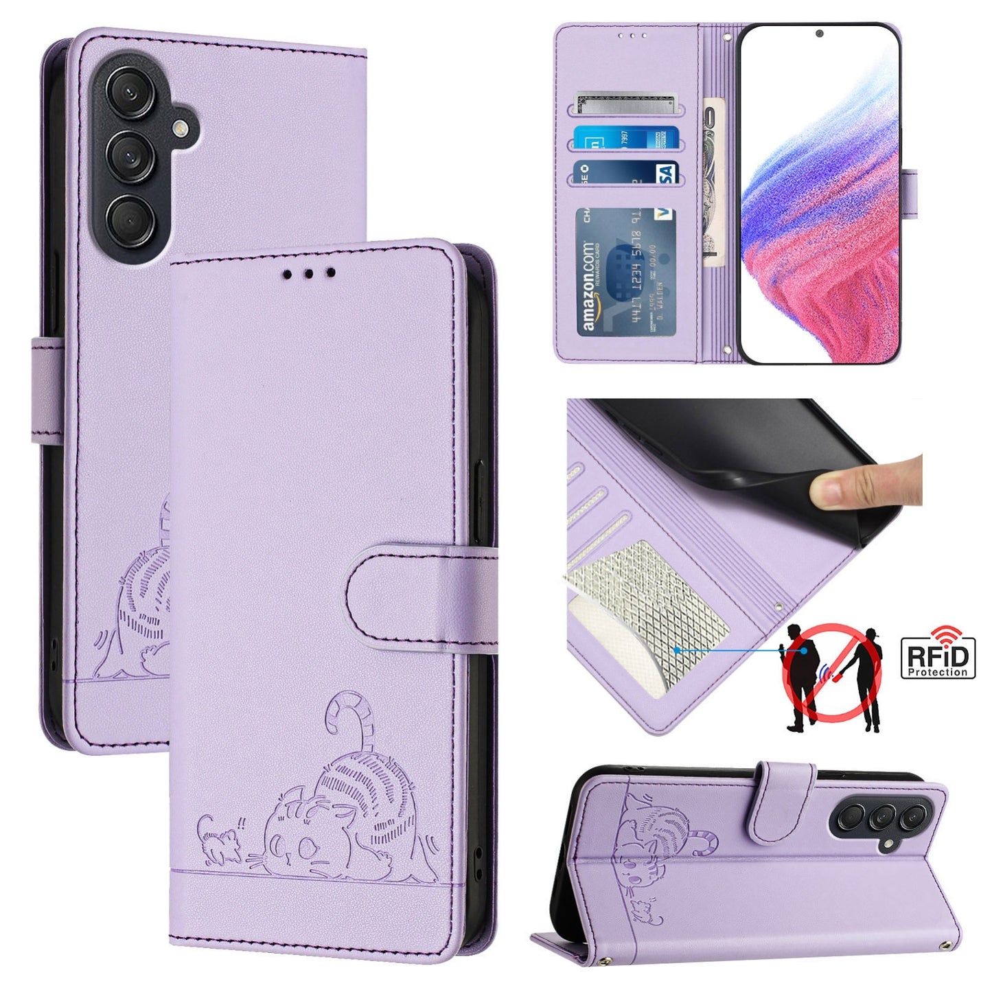 Samsung Galaxy M55 Leather Phone Case with Cat and Rat Embossed Pattern, RFID Protection, Card Holder Slots, Anti-fall Feature & Lanyard