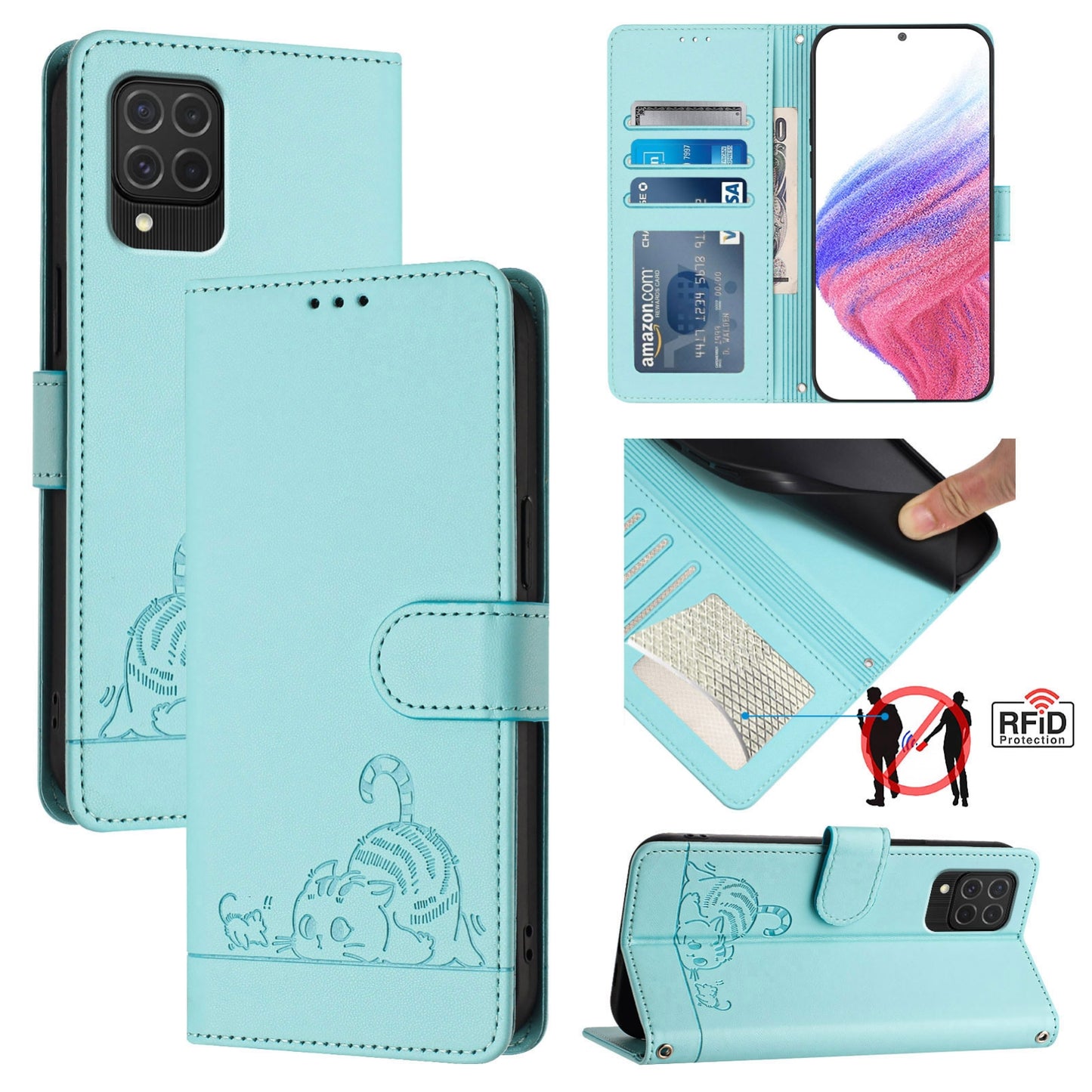 Samsung Galaxy M62 Leather Phone Case with Cat and Rat Embossed Pattern, RFID Protection, Card Holder Slots, Anti-fall Feature & Lanyard