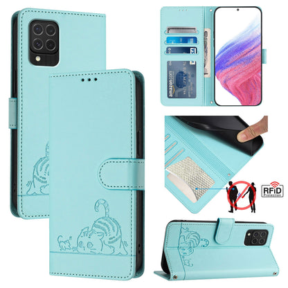 Samsung Galaxy M62 Leather Phone Case with Cat and Rat Embossed Pattern, RFID Protection, Card Holder Slots, Anti-fall Feature & Lanyard