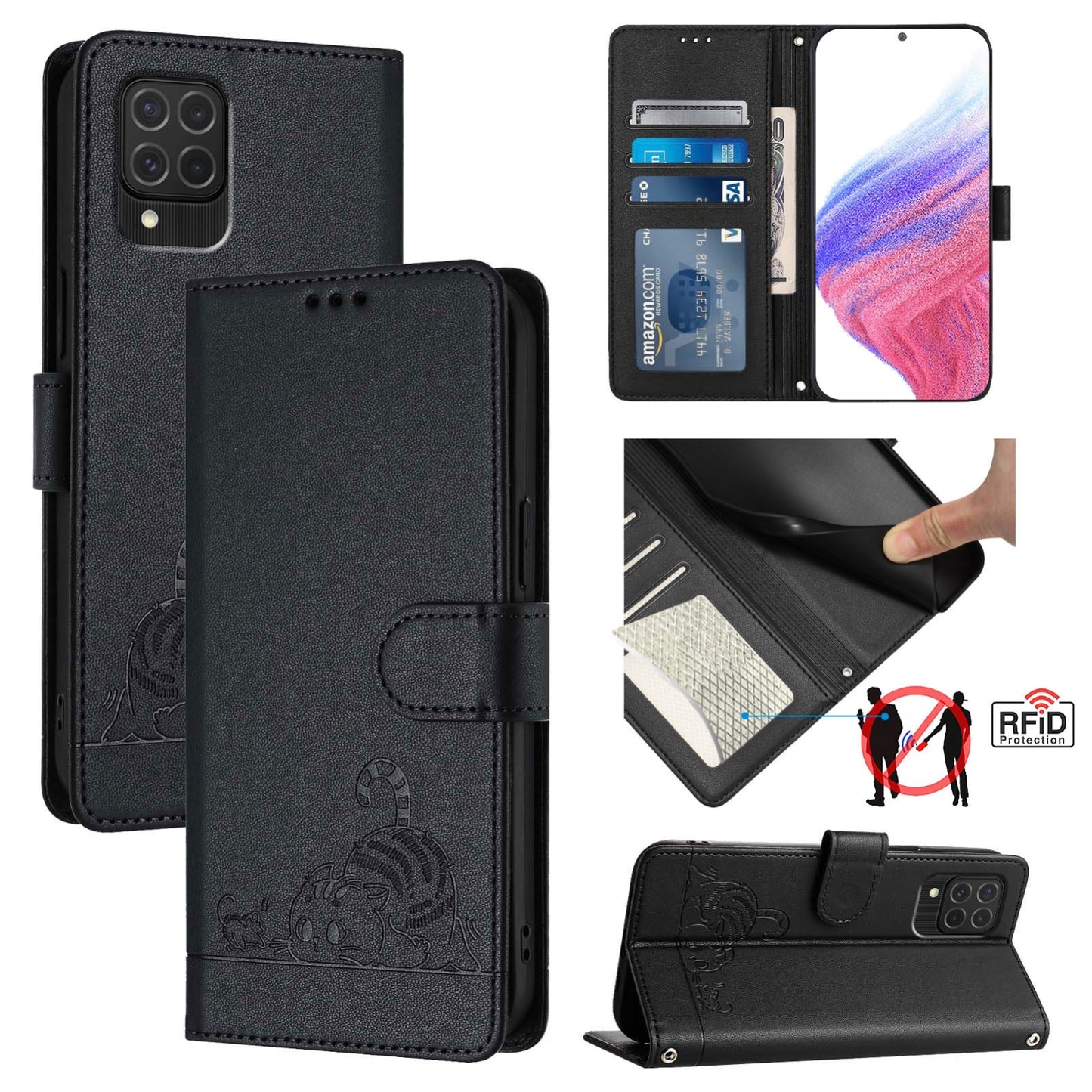 Samsung Galaxy M62 Leather Phone Case with Cat and Rat Embossed Pattern, RFID Protection, Card Holder Slots, Anti-fall Feature & Lanyard