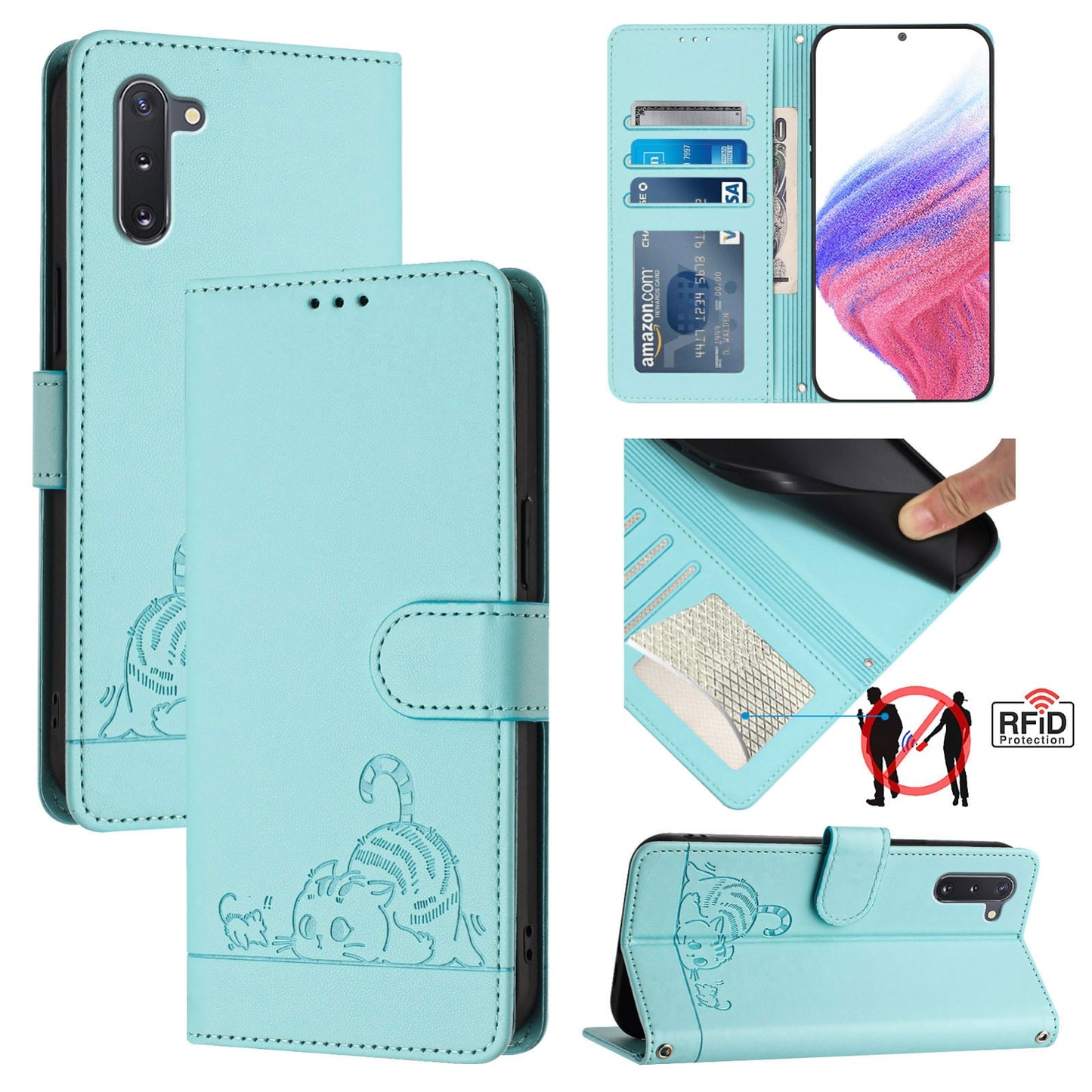 Samsung Galaxy Note 10 Leather Phone Case with Cat and Rat Embossed Pattern, RFID Protection, Card Holder Slots, Anti-fall Feature & Lanyard