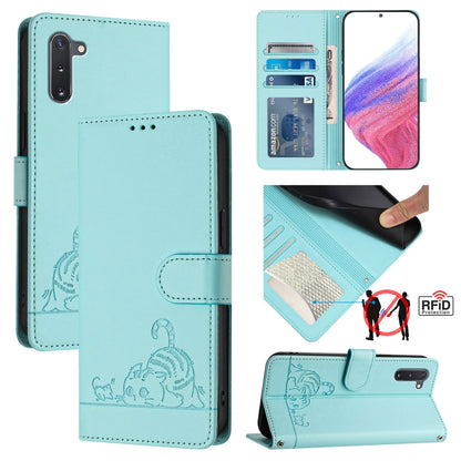 Samsung Galaxy Note 10 Leather Phone Case with Cat and Rat Embossed Pattern, RFID Protection, Card Holder Slots, Anti-fall Feature & Lanyard