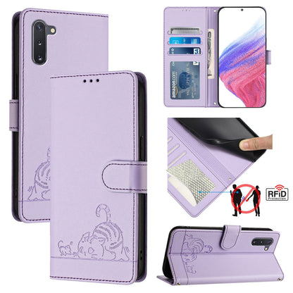 Samsung Galaxy Note 10 Leather Phone Case with Cat and Rat Embossed Pattern, RFID Protection, Card Holder Slots, Anti-fall Feature & Lanyard