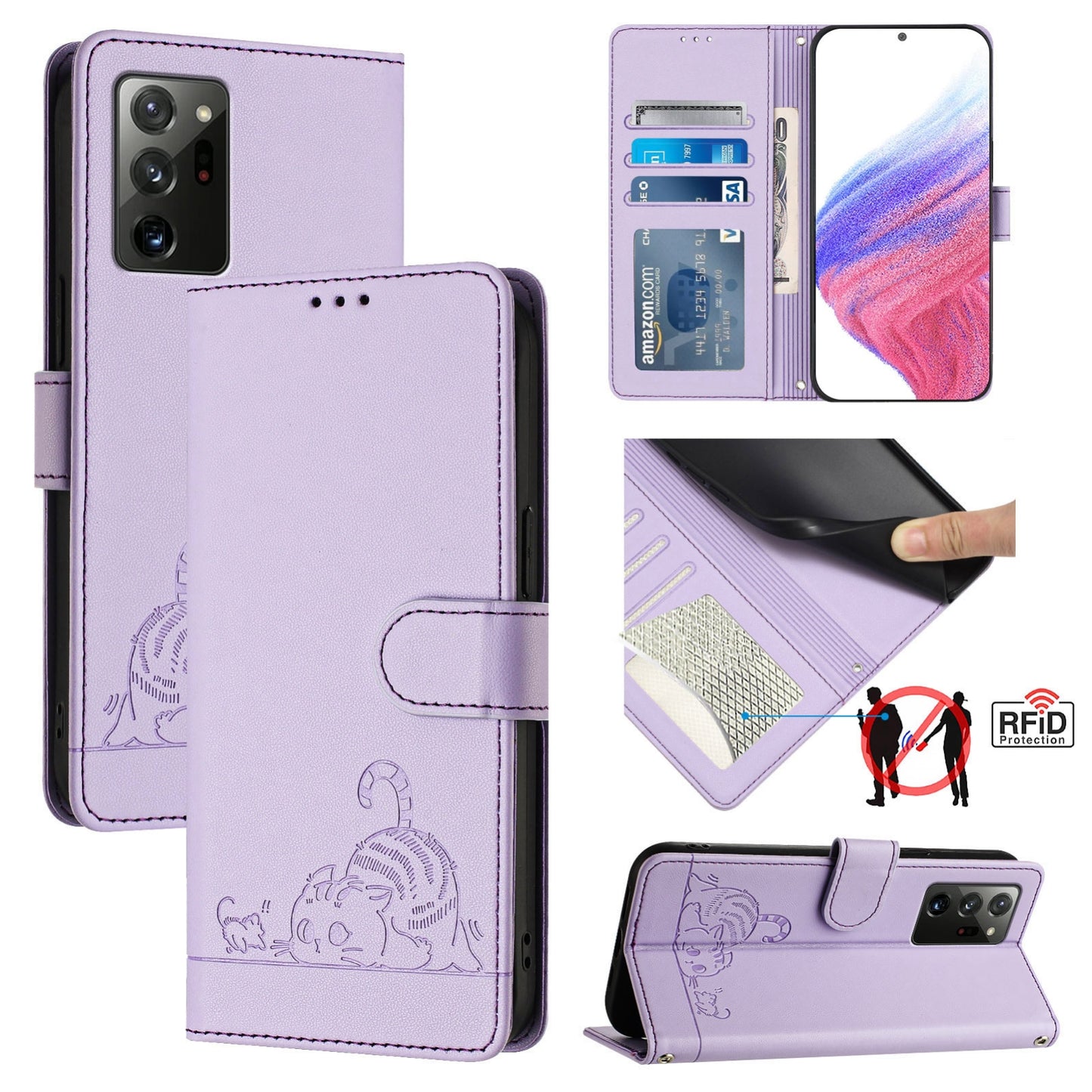 Samsung Galaxy Note 20 Leather Phone Case with Cat and Rat Embossed Pattern, RFID Protection, Card Holder Slots, Anti-fall Feature & Lanyard