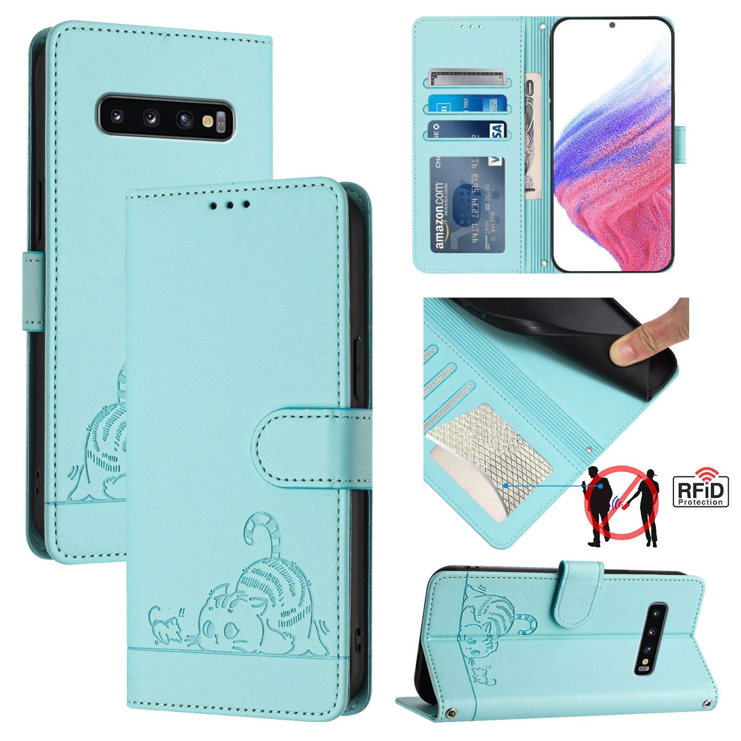Samsung Galaxy S10 Leather Phone Case with Cat and Rat Embossed Pattern, RFID Protection, Card Holder Slots, Anti-fall Feature & Lanyard
