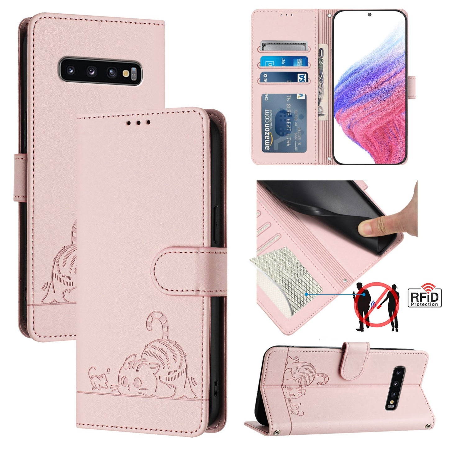 Samsung Galaxy S10 Leather Phone Case with Cat and Rat Embossed Pattern, RFID Protection, Card Holder Slots, Anti-fall Feature & Lanyard