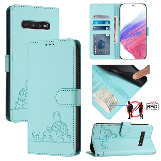 Samsung Galaxy S10+ Leather Phone Case with Cat and Rat Embossed Pattern, RFID Protection, Card Holder Slots, Anti-fall Feature & Lanyard