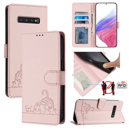 Samsung Galaxy S10+ Leather Phone Case with Cat and Rat Embossed Pattern, RFID Protection, Card Holder Slots, Anti-fall Feature & Lanyard