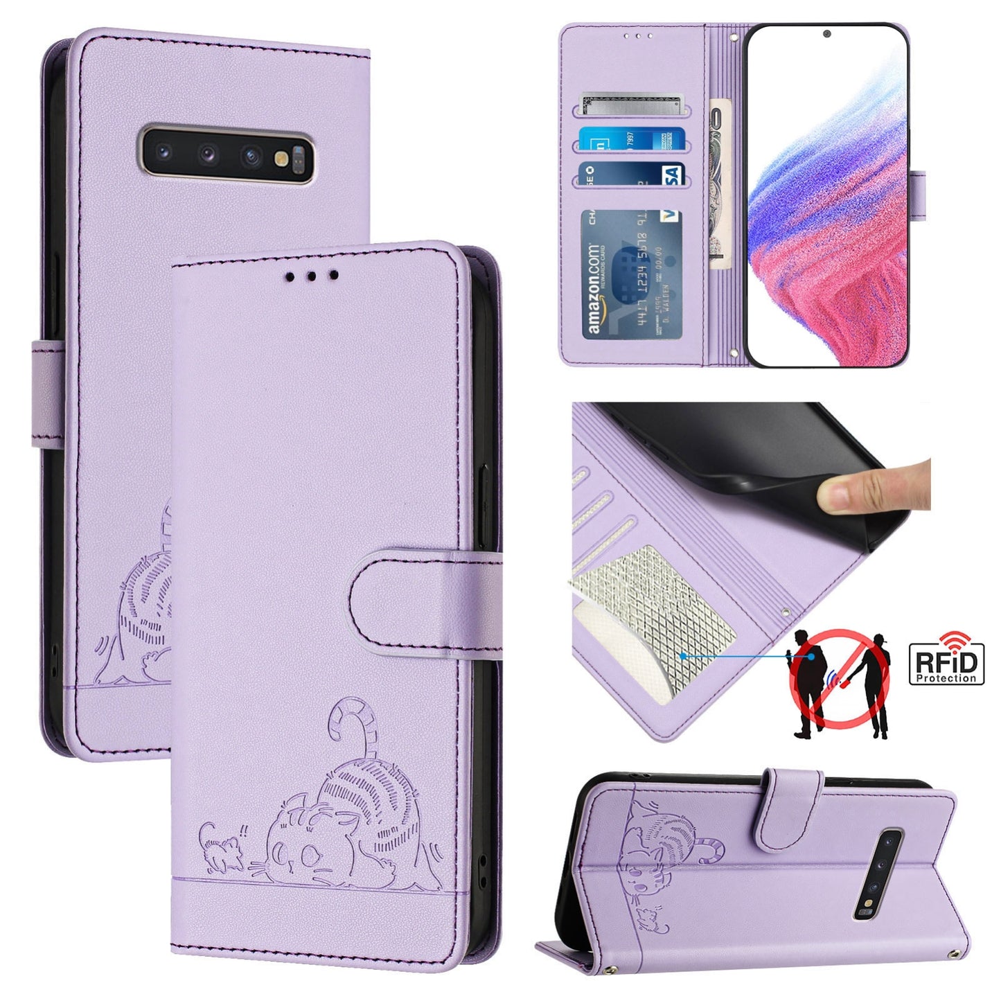 Samsung Galaxy S10+ Leather Phone Case with Cat and Rat Embossed Pattern, RFID Protection, Card Holder Slots, Anti-fall Feature & Lanyard