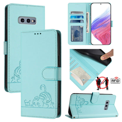 Samsung Galaxy S10e Leather Phone Case with Cat and Rat Embossed Pattern, RFID Protection, Card Holder Slots, Anti-fall Feature & Lanyard