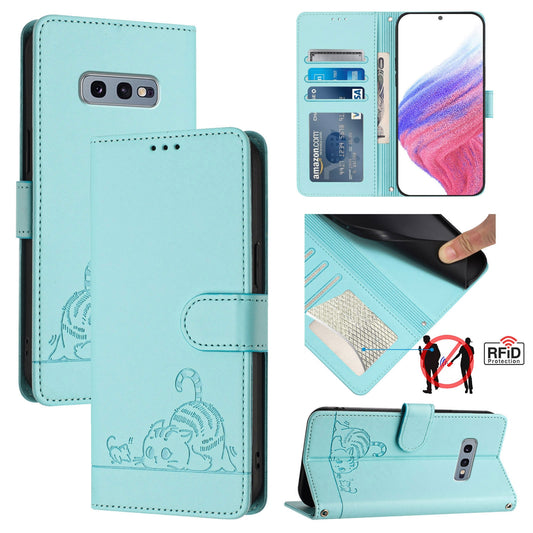 Samsung Galaxy S10e Leather Phone Case with Cat and Rat Embossed Pattern, RFID Protection, Card Holder Slots, Anti-fall Feature & Lanyard