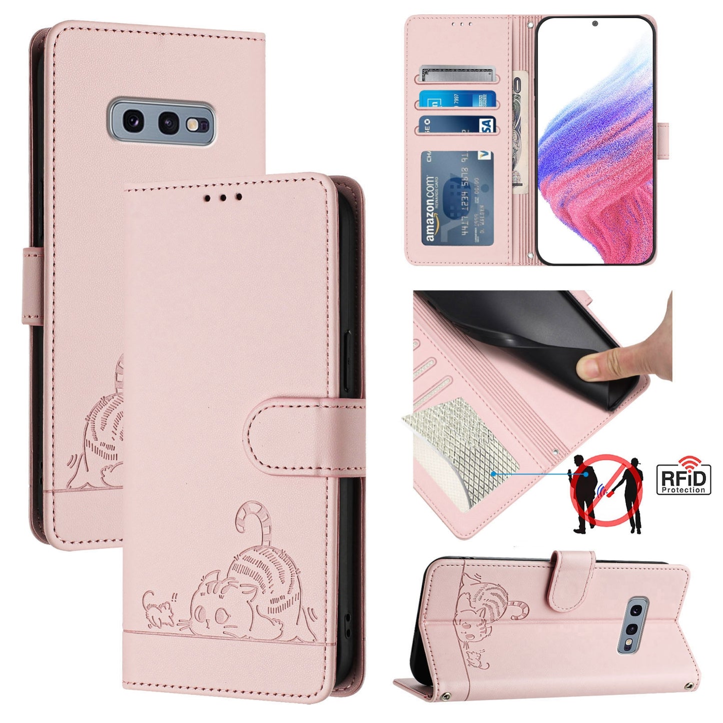 Samsung Galaxy S10e Leather Phone Case with Cat and Rat Embossed Pattern, RFID Protection, Card Holder Slots, Anti-fall Feature & Lanyard