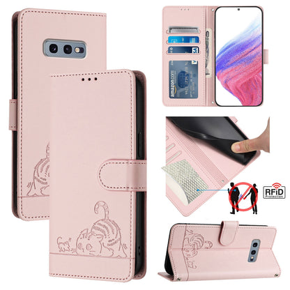 Samsung Galaxy S10e Leather Phone Case with Cat and Rat Embossed Pattern, RFID Protection, Card Holder Slots, Anti-fall Feature & Lanyard