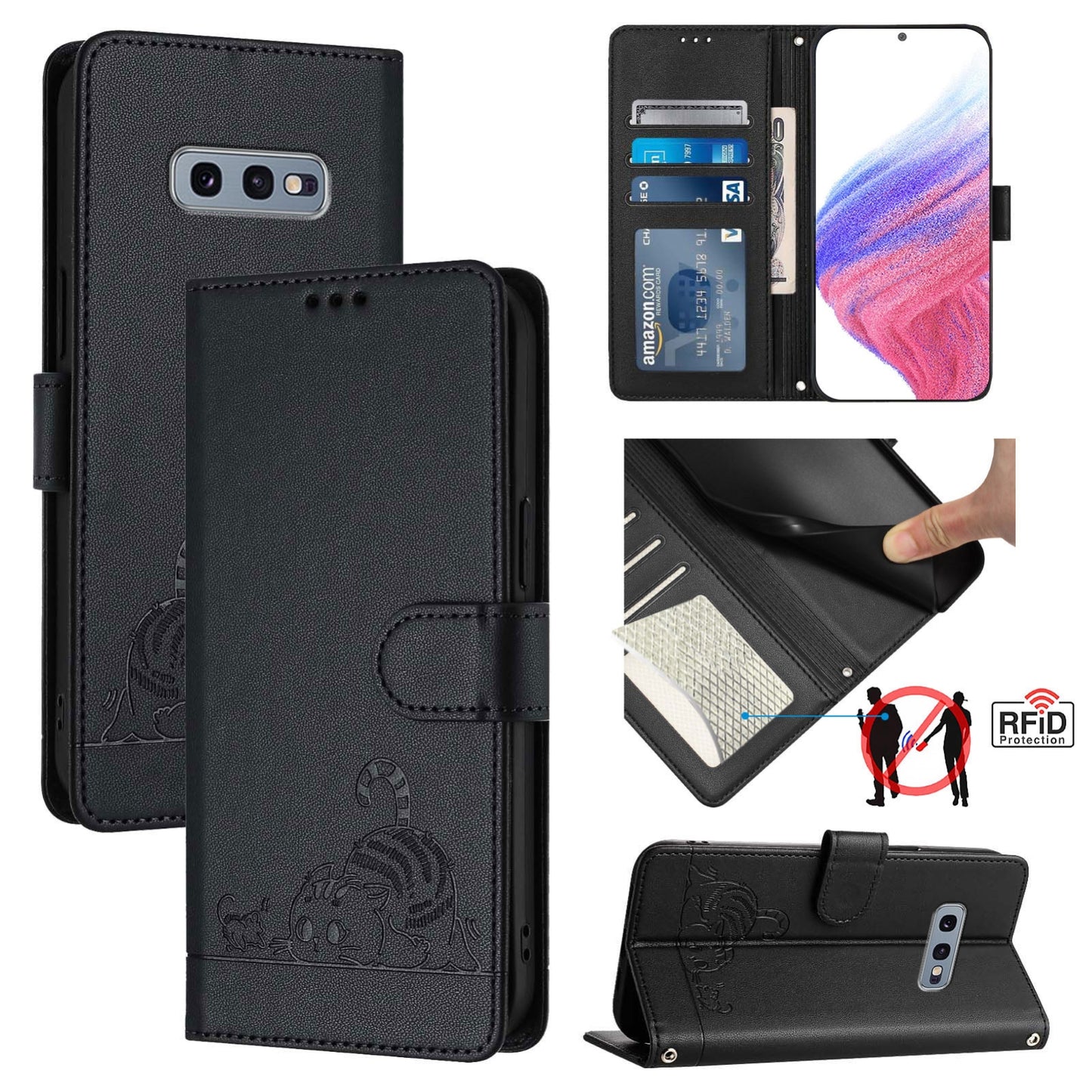 Samsung Galaxy S10e Leather Phone Case with Cat and Rat Embossed Pattern, RFID Protection, Card Holder Slots, Anti-fall Feature & Lanyard