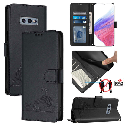Samsung Galaxy S10e Leather Phone Case with Cat and Rat Embossed Pattern, RFID Protection, Card Holder Slots, Anti-fall Feature & Lanyard