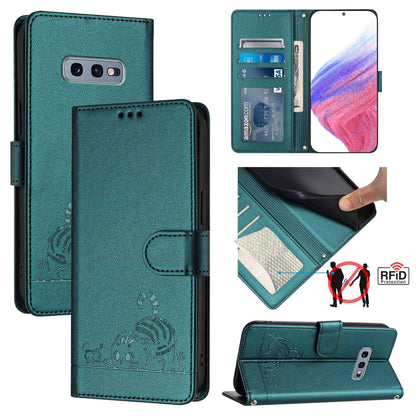 Samsung Galaxy S10e Leather Phone Case with Cat and Rat Embossed Pattern, RFID Protection, Card Holder Slots, Anti-fall Feature & Lanyard