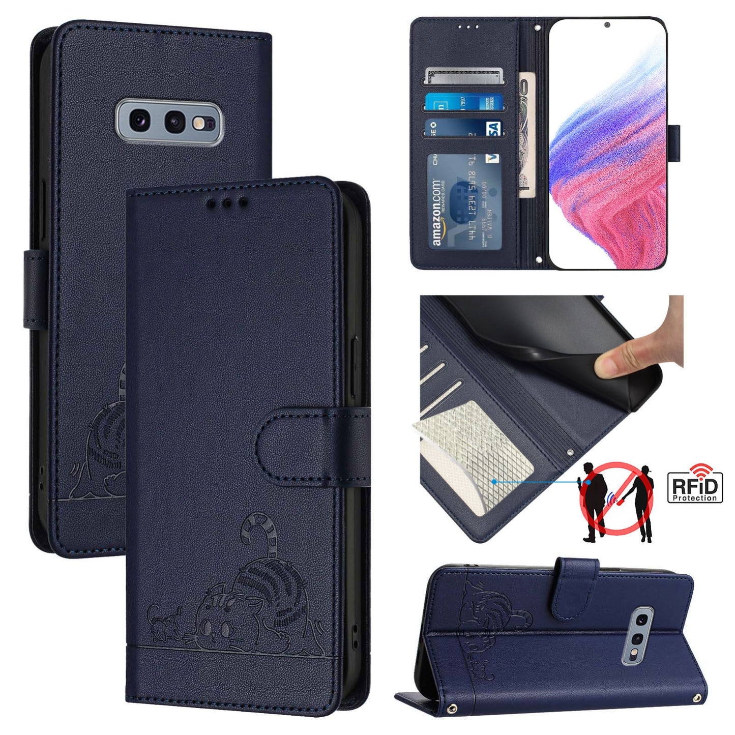Samsung Galaxy S10e Leather Phone Case with Cat and Rat Embossed Pattern, RFID Protection, Card Holder Slots, Anti-fall Feature & Lanyard
