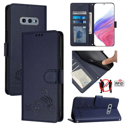 Samsung Galaxy S10e Leather Phone Case with Cat and Rat Embossed Pattern, RFID Protection, Card Holder Slots, Anti-fall Feature & Lanyard