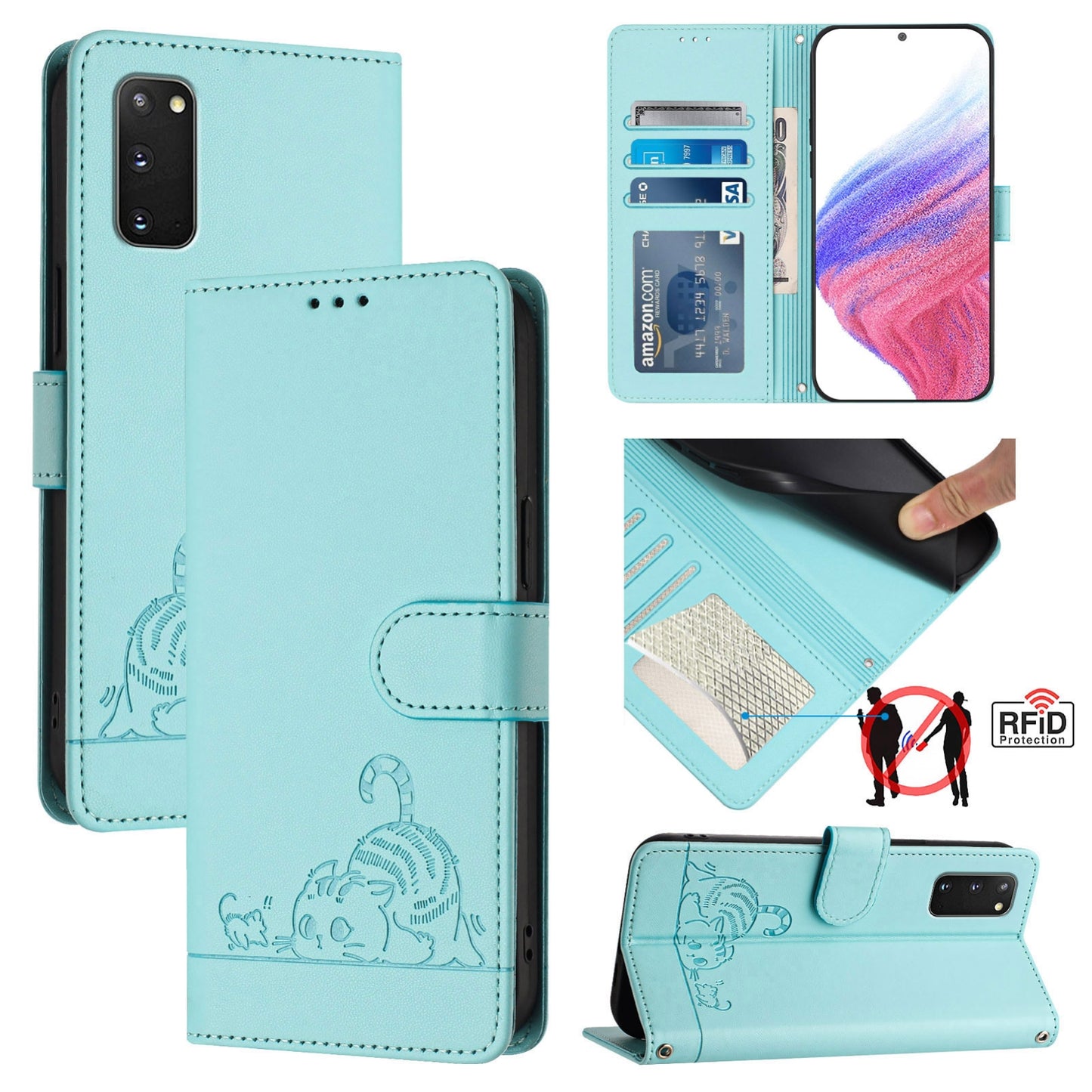 Samsung Galaxy S20 FE 5G Leather Phone Case with Cat and Rat Embossed Pattern, RFID Protection, Card Holder Slots, Anti-fall Feature & Lanyard