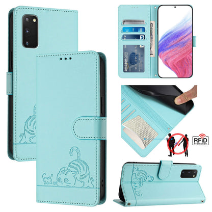 Samsung Galaxy S20 FE 2022 Leather Phone Case with Cat and Rat Embossed Pattern, RFID Protection, Card Holder Slots, Anti-fall Feature & Lanyard