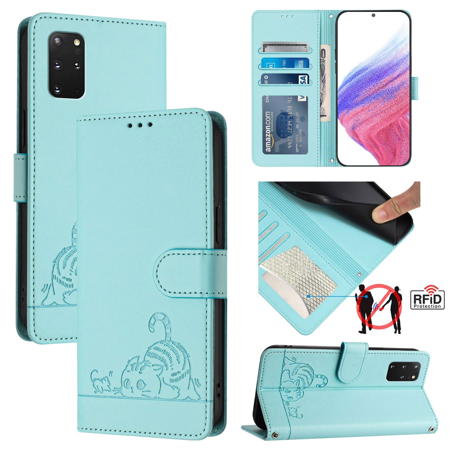 Samsung Galaxy S20+ Leather Phone Case with Cat and Rat Embossed Pattern, RFID Protection, Card Holder Slots, Anti-fall Feature & Lanyard