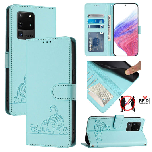 Samsung Galaxy S20 Ultra Leather Phone Case with Cat and Rat Embossed Pattern, RFID Protection, Card Holder Slots, Anti-fall Feature & Lanyard