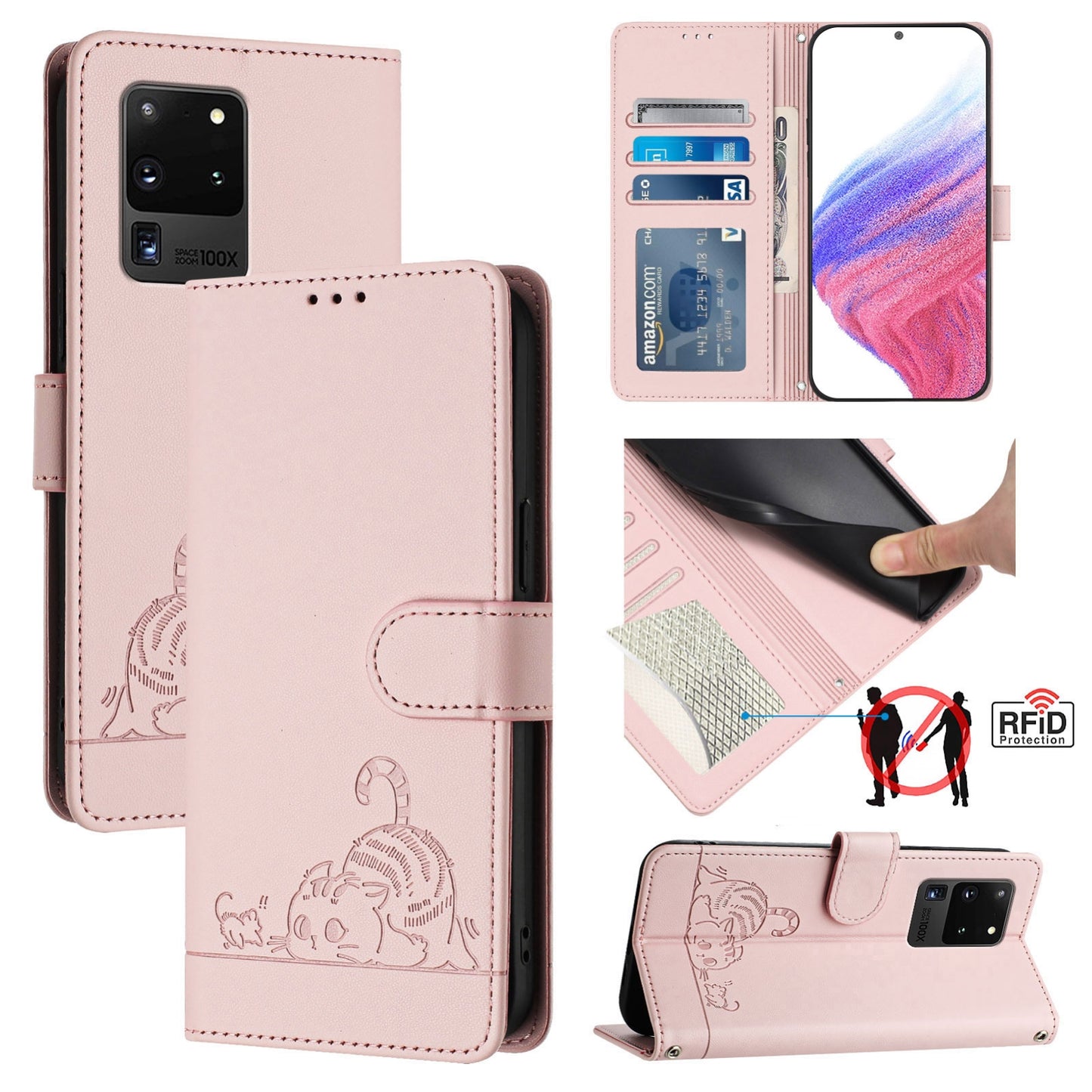 Samsung Galaxy S20 Ultra Leather Phone Case with Cat and Rat Embossed Pattern, RFID Protection, Card Holder Slots, Anti-fall Feature & Lanyard