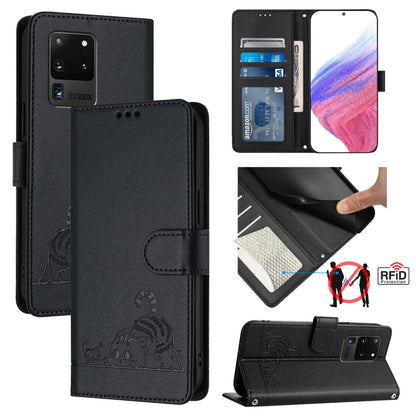 Samsung Galaxy S20 Ultra Leather Phone Case with Cat and Rat Embossed Pattern, RFID Protection, Card Holder Slots, Anti-fall Feature & Lanyard