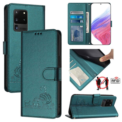 Samsung Galaxy S20 Ultra Leather Phone Case with Cat and Rat Embossed Pattern, RFID Protection, Card Holder Slots, Anti-fall Feature & Lanyard