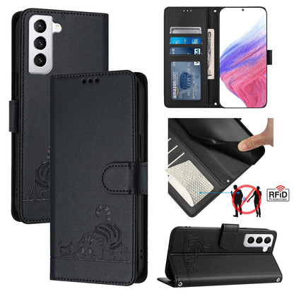 Samsung Galaxy S21 5G Leather Phone Case with Cat and Rat Embossed Pattern, RFID Protection, Card Holder Slots, Anti-fall Feature & Lanyard