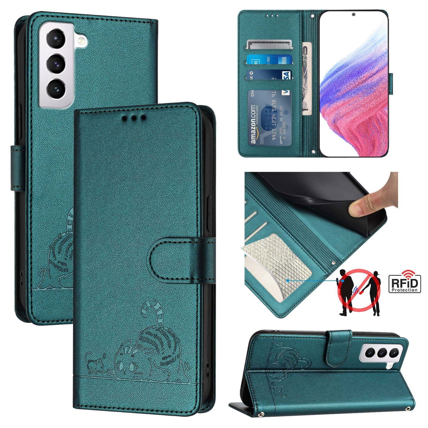 Samsung Galaxy S21 5G Leather Phone Case with Cat and Rat Embossed Pattern, RFID Protection, Card Holder Slots, Anti-fall Feature & Lanyard