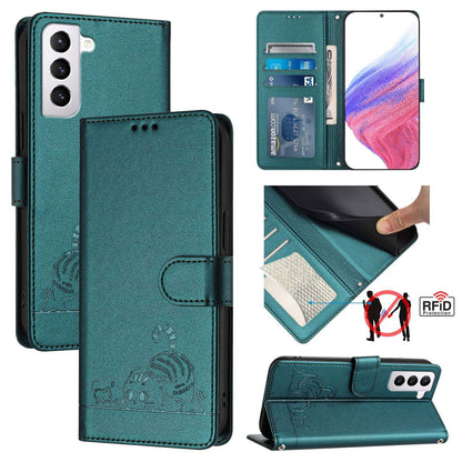 Samsung Galaxy S21 5G Leather Phone Case with Cat and Rat Embossed Pattern, RFID Protection, Card Holder Slots, Anti-fall Feature & Lanyard