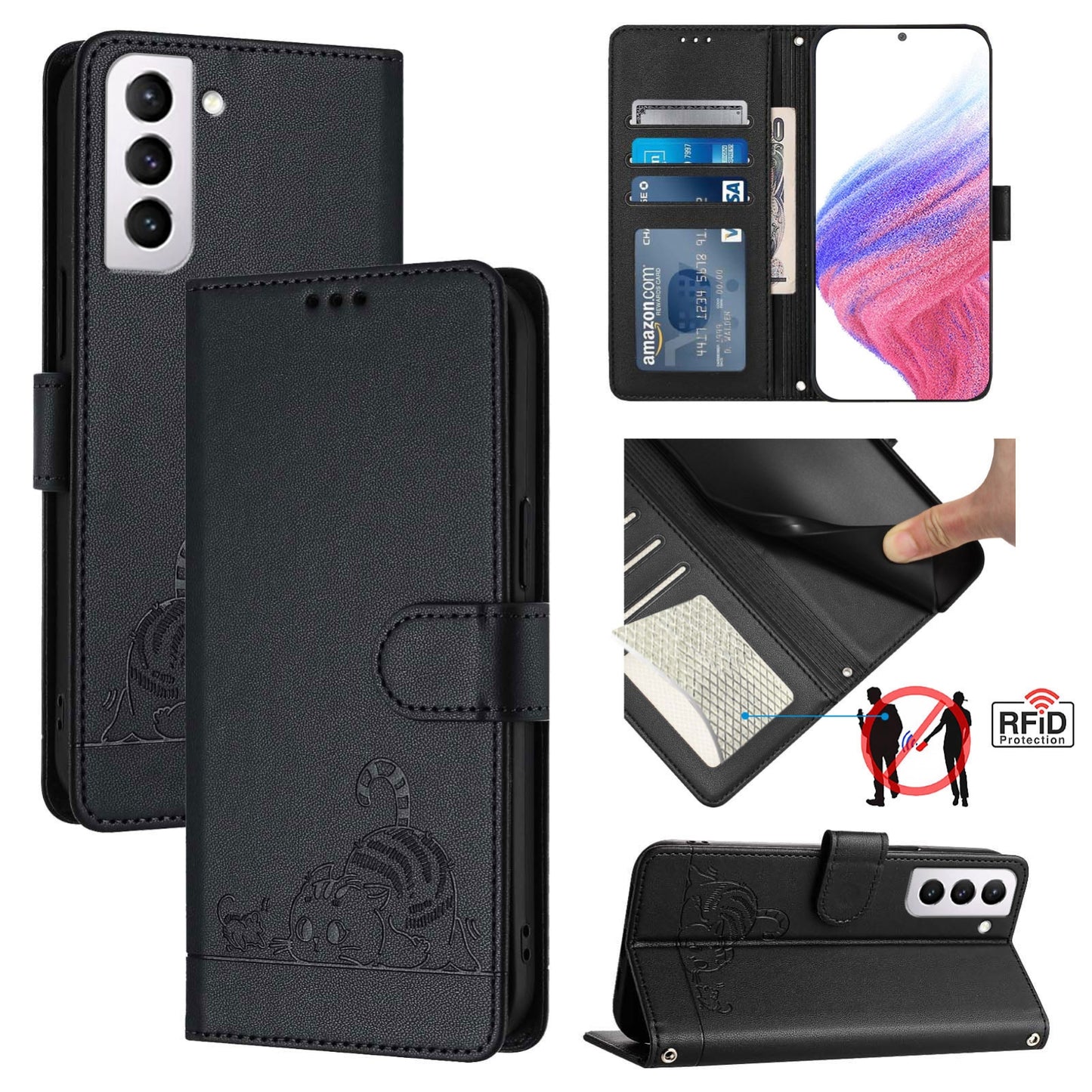 Samsung Galaxy S21 FE 5G Leather Phone Case with Cat and Rat Embossed Pattern, RFID Protection, Card Holder Slots, Anti-fall Feature & Lanyard