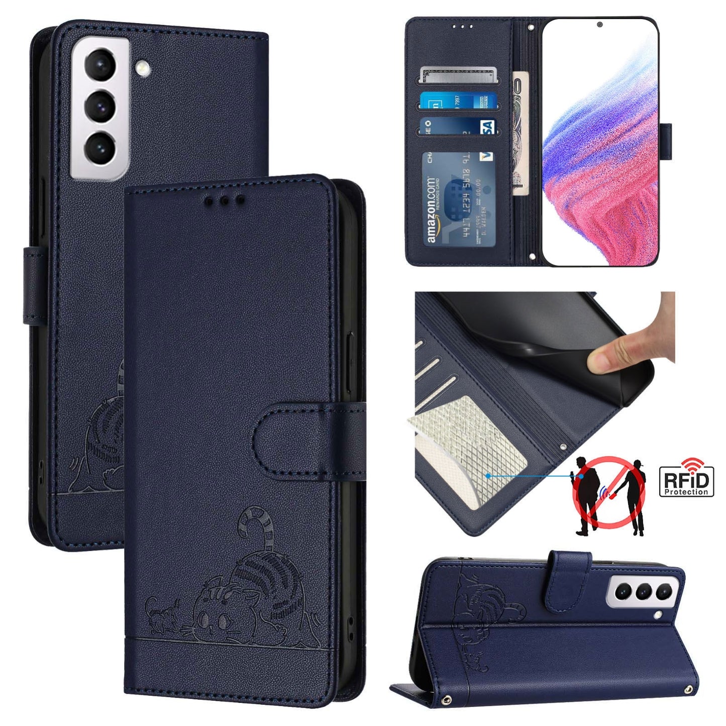 Samsung Galaxy S21 FE 5G Leather Phone Case with Cat and Rat Embossed Pattern, RFID Protection, Card Holder Slots, Anti-fall Feature & Lanyard