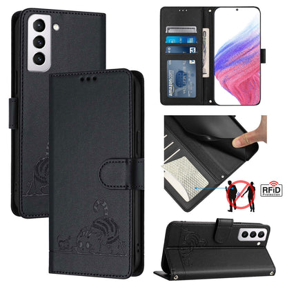 Samsung Galaxy S21+ 5G Leather Phone Case with Cat and Rat Embossed Pattern, RFID Protection, Card Holder Slots, Anti-fall Feature & Lanyard